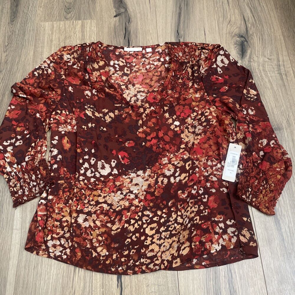 NEW Sunny Leigh Soft Surroundings V Neck Blouse Size Large Colorful Animal Print